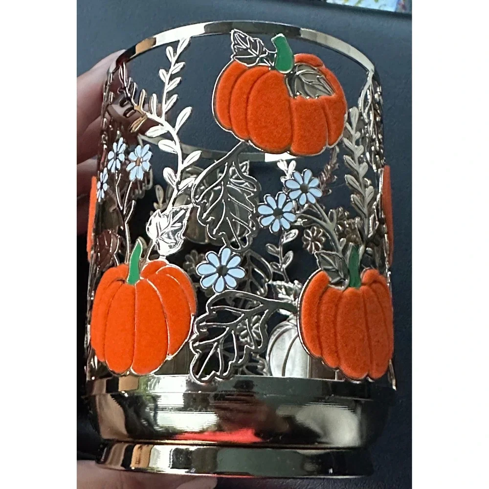Bath & Body Works Pumpkin Floral Single Wick Candle Holder Sleeve Silver Orange